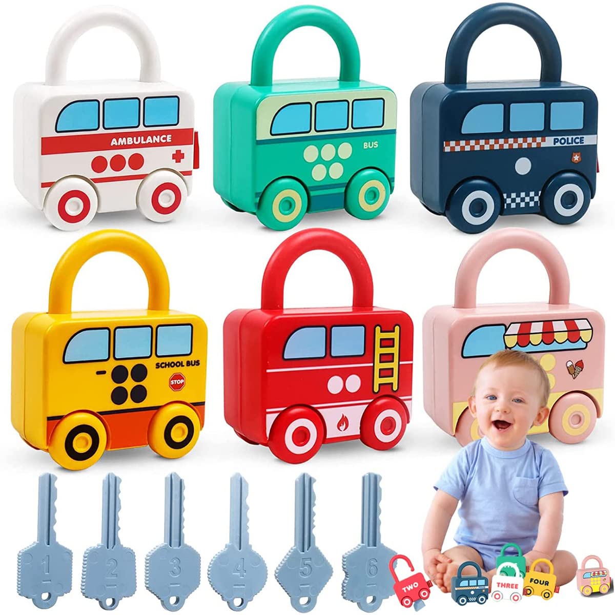 PATPAT 6 Pcs Lock and Key Car Toys, Creative Matching & Sorting Toys with Numbers and Vehicle Names, Early Learning Toy for Toddlers and Preschool Children, Christmas Gift with Gift Box PATPAT 6 Pcs Lock and Key Car Toys, Creative Matching & Sorting Toys with Numbers and Vehicle Names, Early Learning Toy for Toddlers and Preschool Children, Christmas Gift with Gift Box
